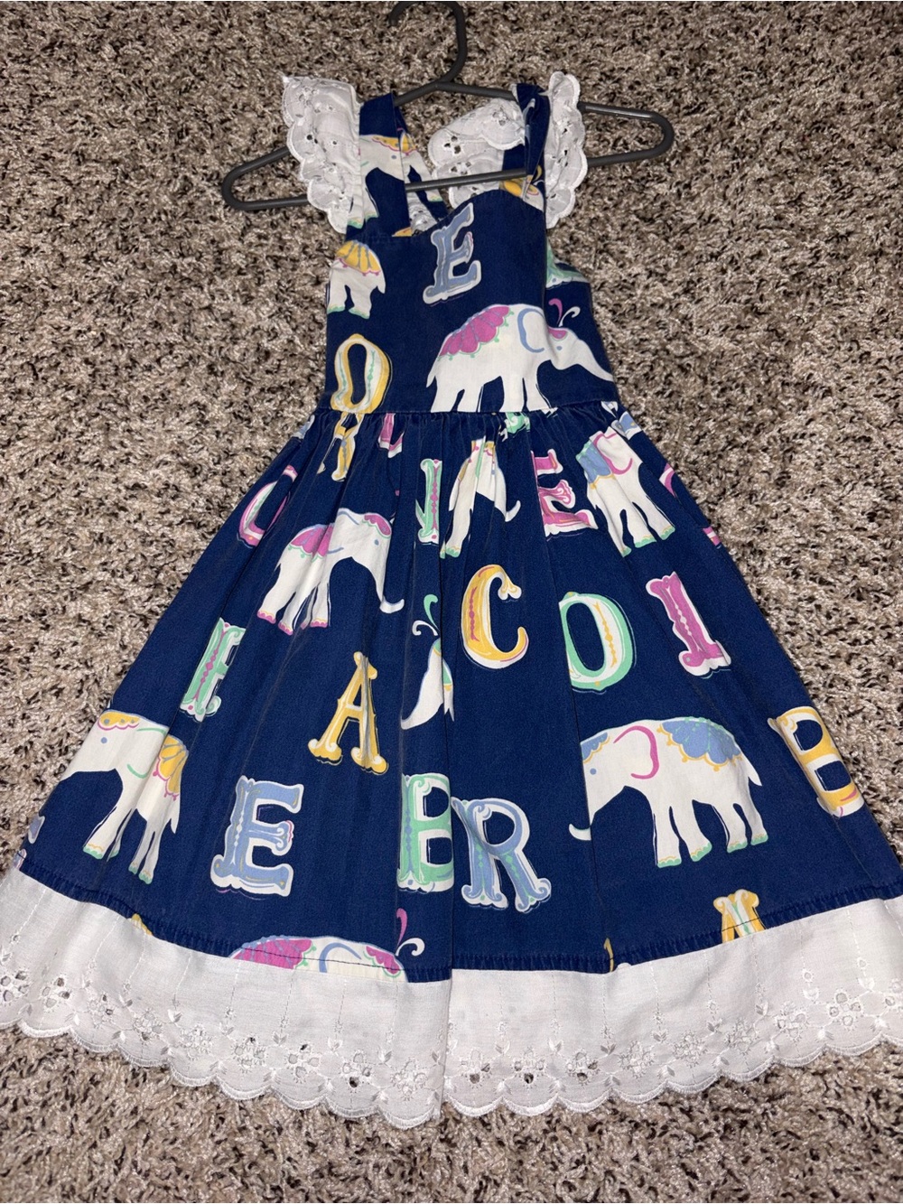Navy Elephant Print Sundress with White Eyelet Trim